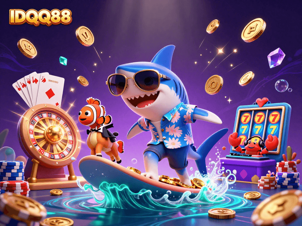 Experience exciting gaming action with IDQQ88 as the shark surfs on gold coins surrounded by vibrant casino elements.