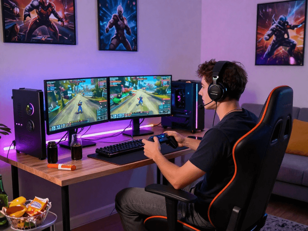 Engaging gaming session at http://oxbet-app.com showcasing live streaming setup in a stylish living room.