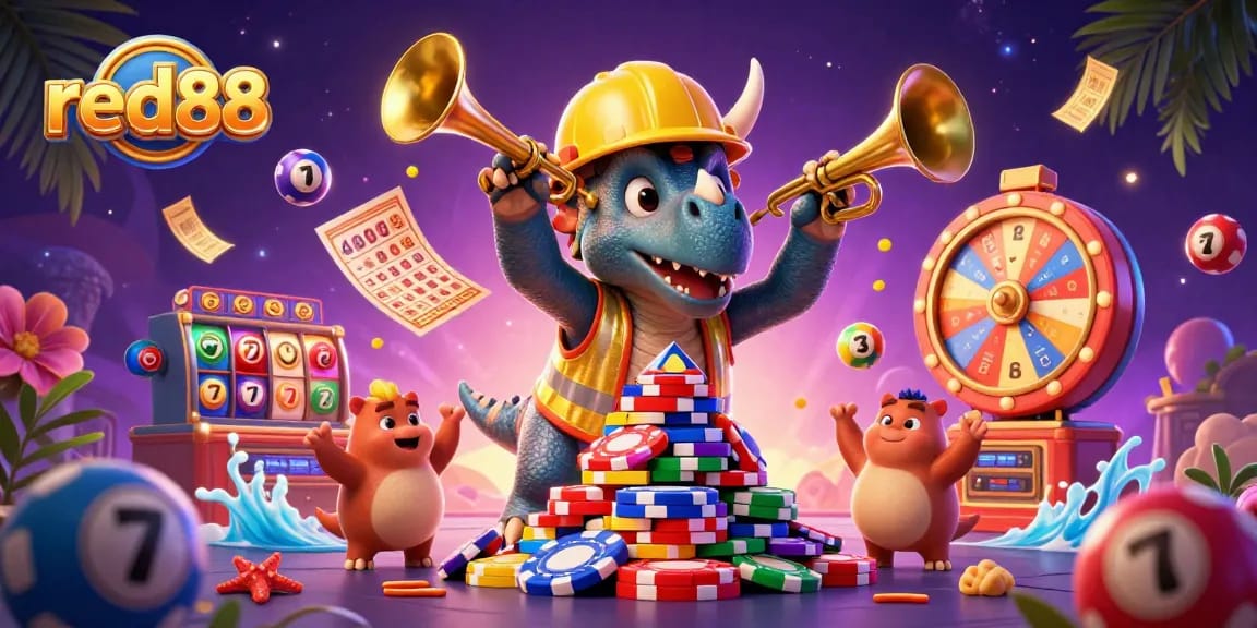 Red88's triceratops builds a poker chip pyramid in a dynamic casino celebration scene.