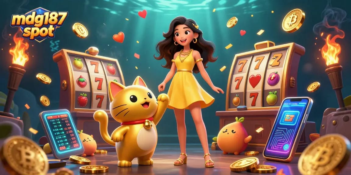 Win big with mdg187 slot in a vibrant, interactive casino-themed illustration.