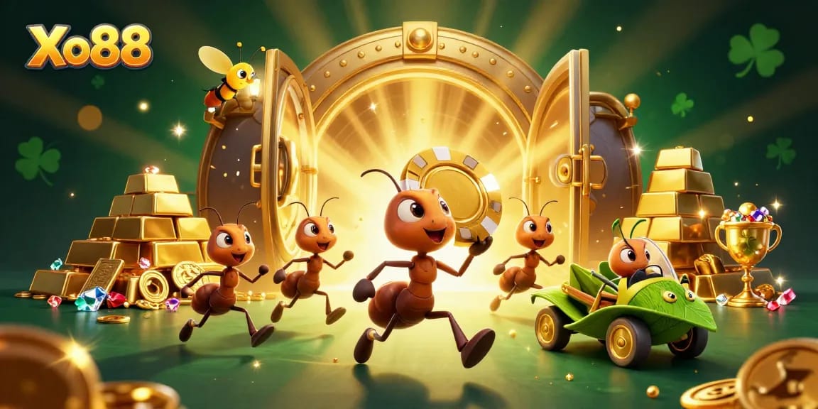 Xo88 features a dynamic cartoon scene with ants heisting a giant poker chip amidst treasure