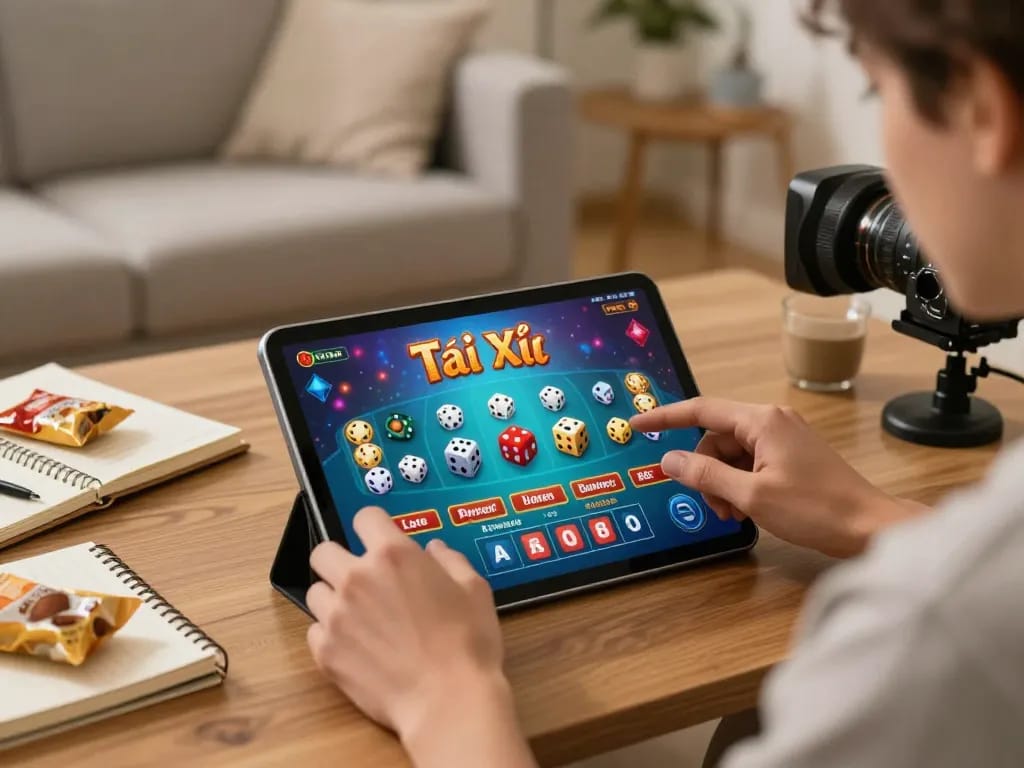 Tai Xiu gameplay on taixiuonline8 tablet in cozy living room with snacks and notes