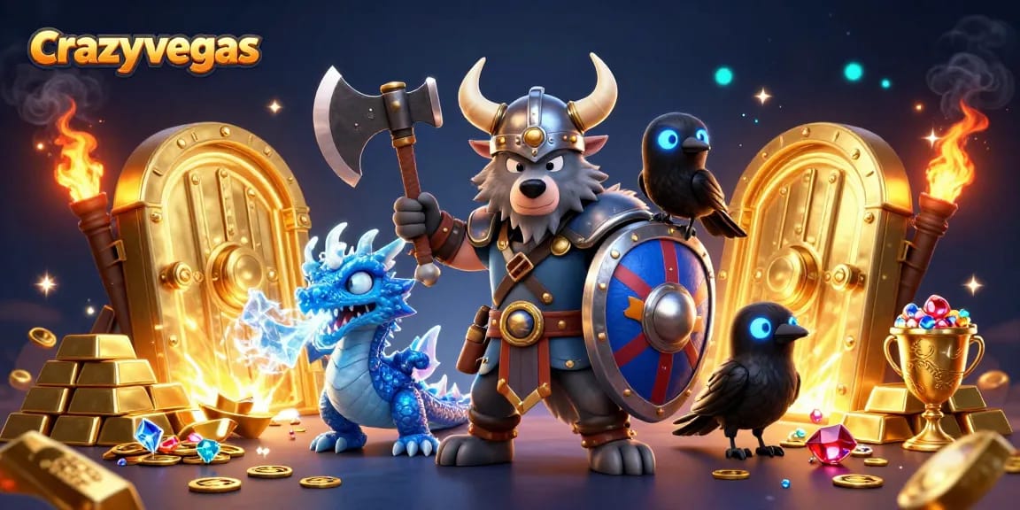 Experience excitement at crazyvegas with a Viking wolf warrior, dragon, and treasures in a dynamic casino scene.