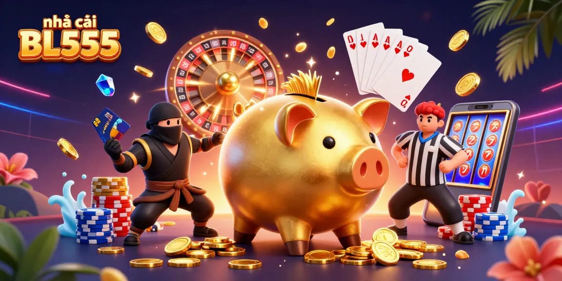 Engage in vibrant gaming action at nhà cái BL555 with slots, roulette, and colorful chip stacks.