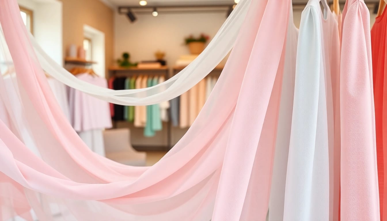 Chiffon stoffen elegant uitgestald in een chique boetiek met pastelkleuren.