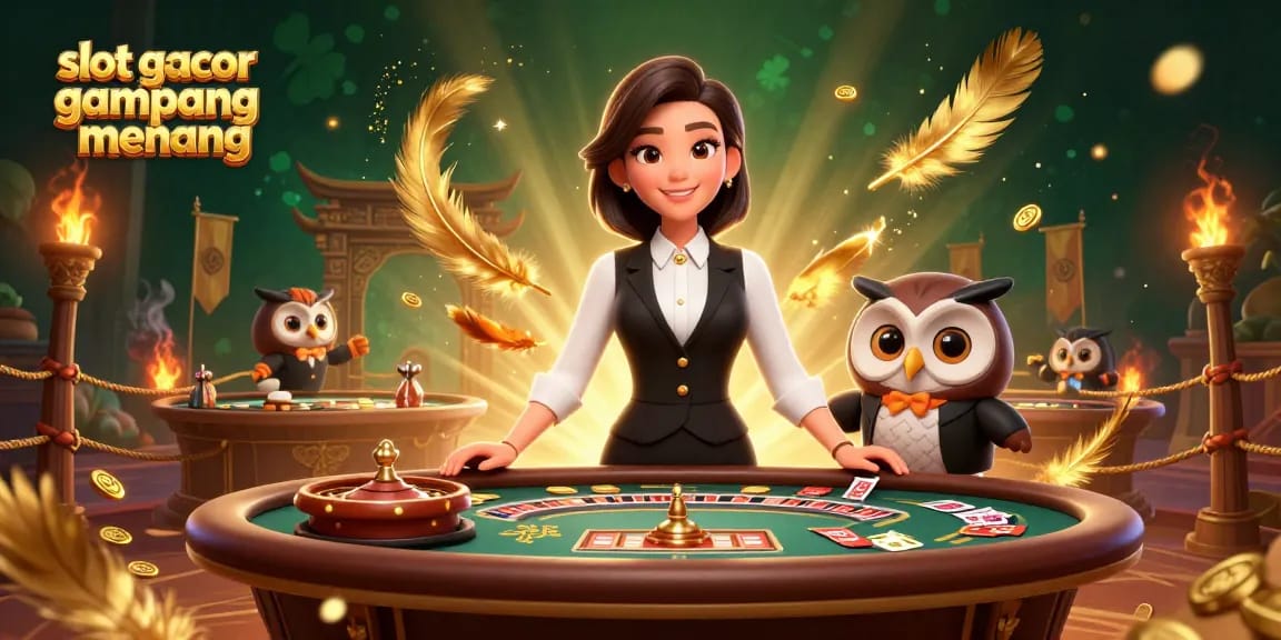 Engage with "slot gacor gampang menang" in this vibrant casino scene featuring dealers and dynamic game elements.