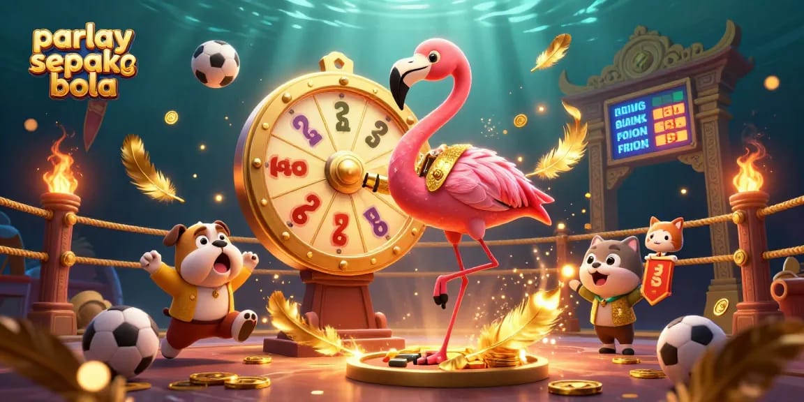Exciting parlay sepak bola betting scene with a flamingo host, bulldog contestant, and scoreboard cat, dynamic sports elements