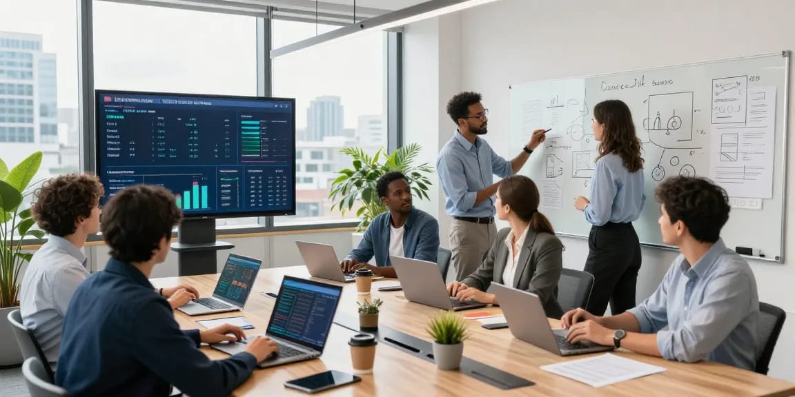 Office meeting showcasing outsourced IT services London with diverse team using technology and data analytics in a bright setting.