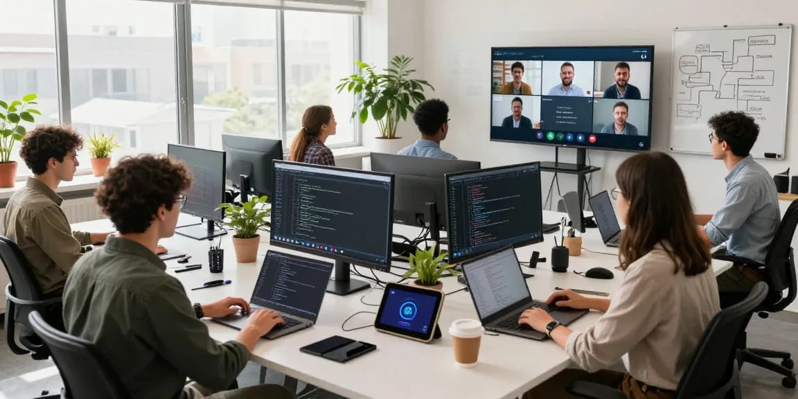 Team building internal tools with AI in a modern tech workspace, showcasing collaboration and innovation.