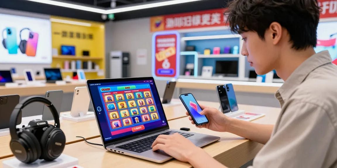 Customer exploring rokok88 slot products on a sleek touchscreen in a vibrant electronics store.