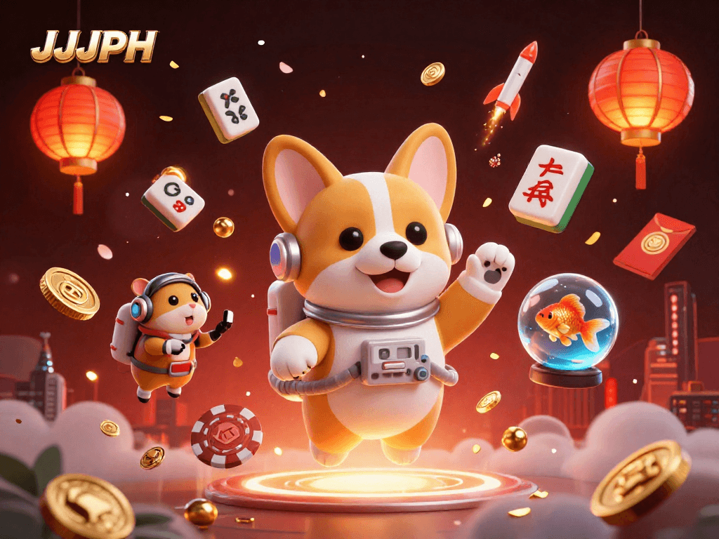 Engage with JJJPH’s lively casino atmosphere in a vibrant 3D scene featuring gaming elements.
