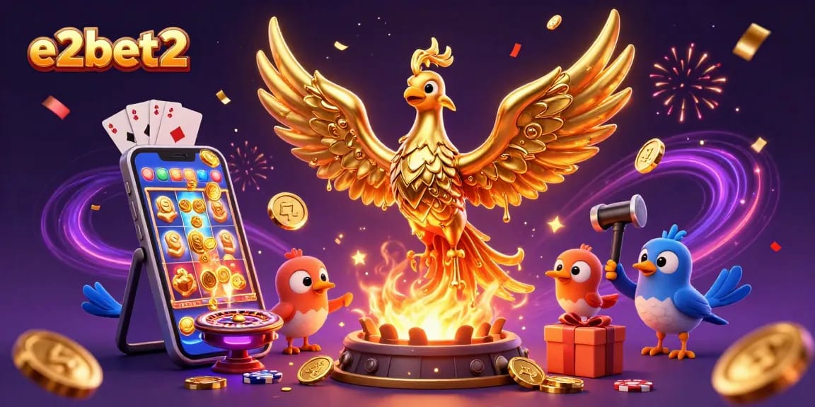 Experience the excitement of e2bet2 with a golden phoenix and a vibrant casino theme.