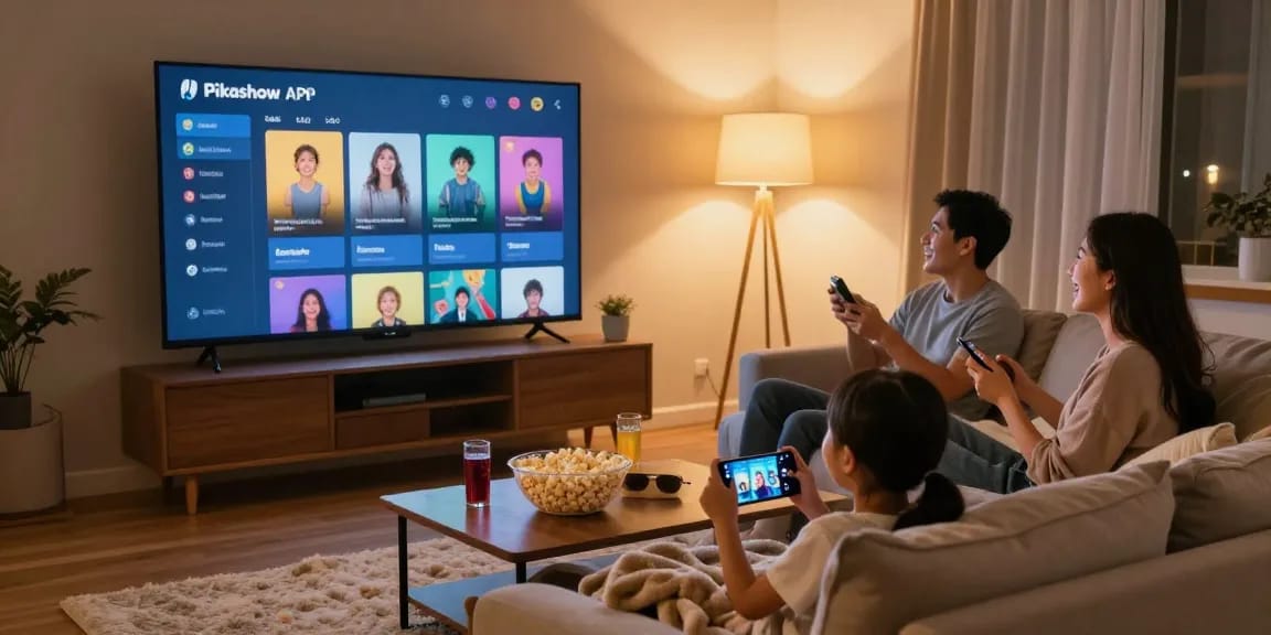 Pikashow APK displayed on a large screen during a family movie night, emphasizing enjoyment and comfort.