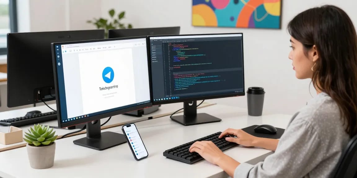 Engaging workspace scene illustrating Telegram Download on a developer's screen with a modern tech environment.