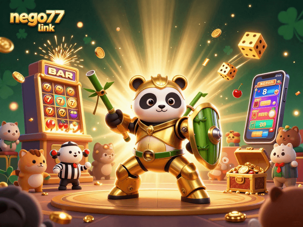 Spin the reels with nego77 link as golden panda pilots a bamboo robot amidst dazzling casino action.