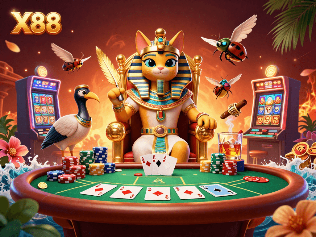 X88 players enjoying dynamic casino games with Egyptian-themed characters in a vibrant illustration.