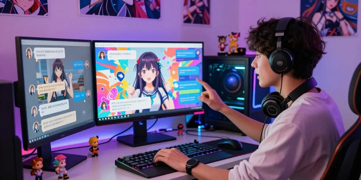 Engaging with hentai chat AI in a modern digital workspace filled with vibrant anime art.