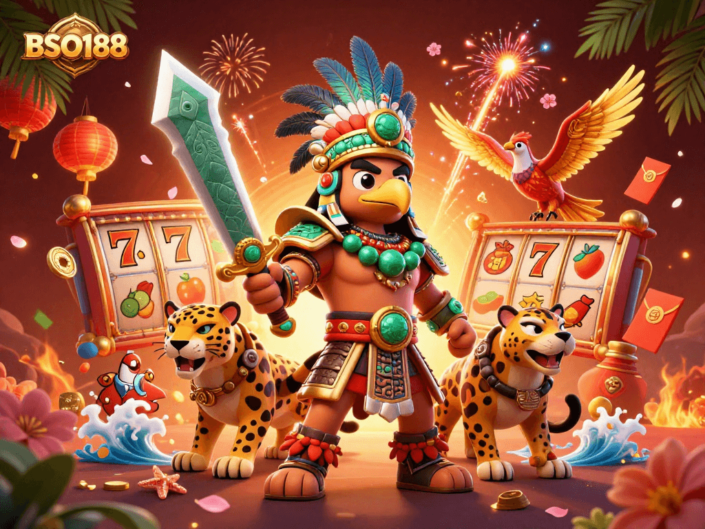 Experience thrilling gaming with BSO188's vibrant slot scene featuring dynamic Aztec warriors.