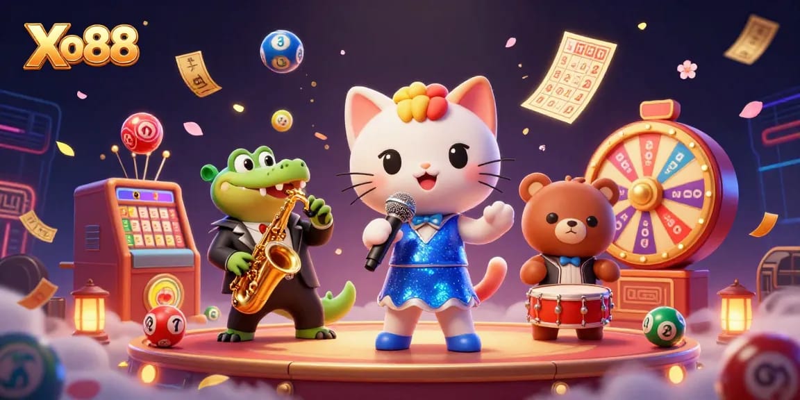 Xo88 brings excitement to life with a vibrant 3D casino scene featuring animated characters and dynamic lottery elements.