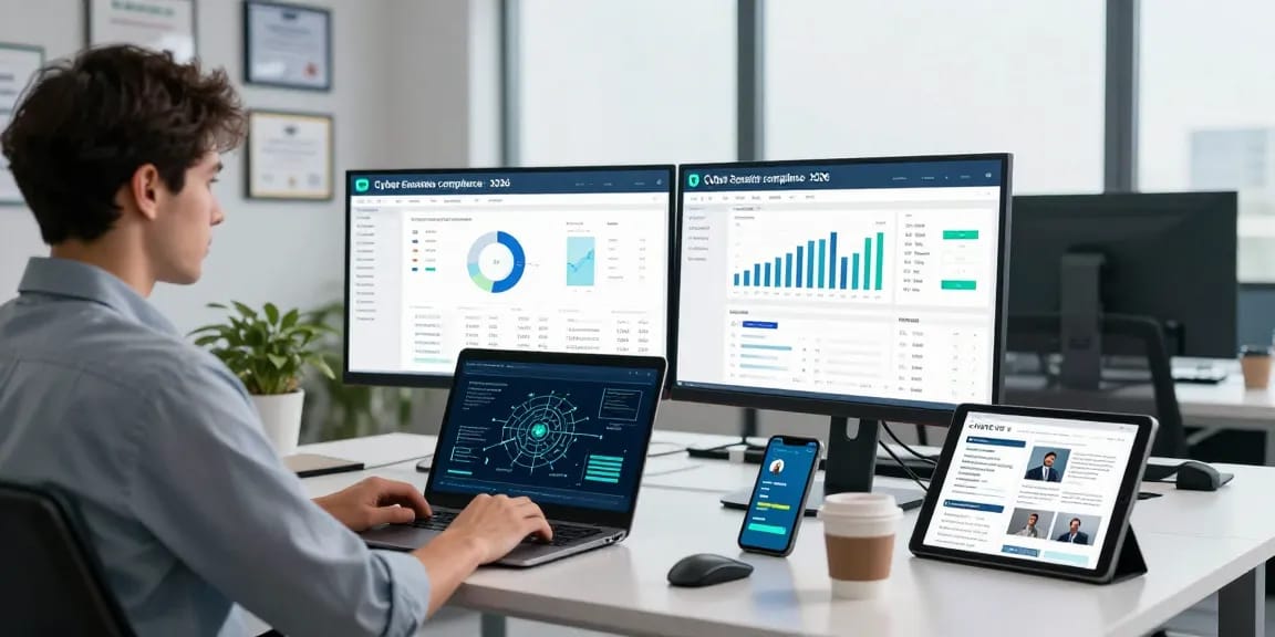 Cybersecurity expert analyzing compliance metrics on dual monitors in a modern office, showcasing the cybersmart approach to Cyber Essentials.