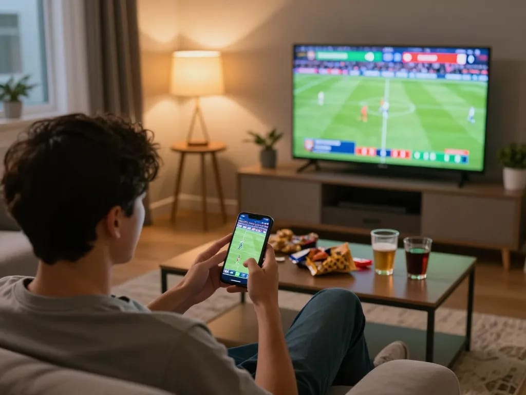 Kèo nhà cái hôm nay: Person engaging in sports betting while watching live football match on TV