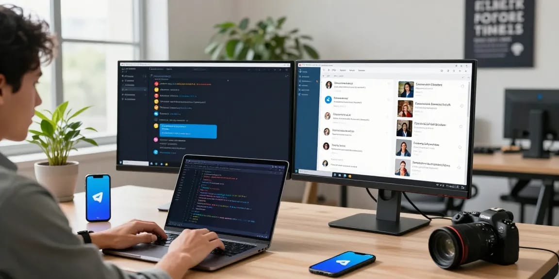 Telegram下载 user experiencing seamless messaging on a modern tech workspace.