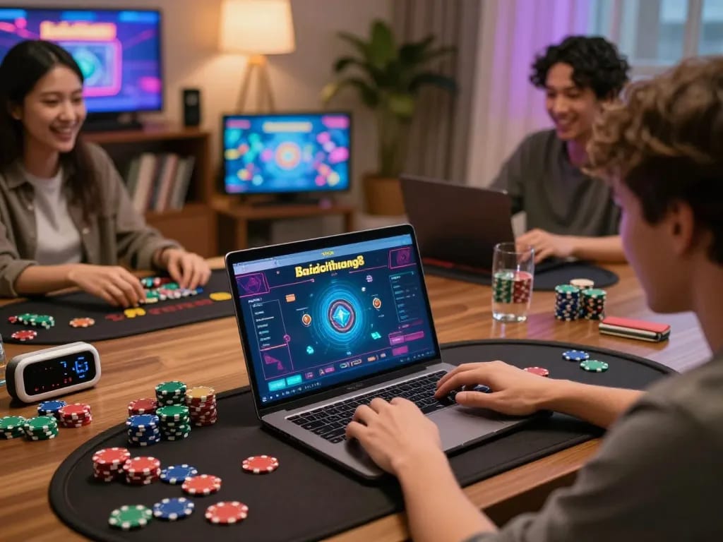 Engaging with gamebaidoithuong8 online gaming platform in cozy home setup, showcasing responsible entertainment.