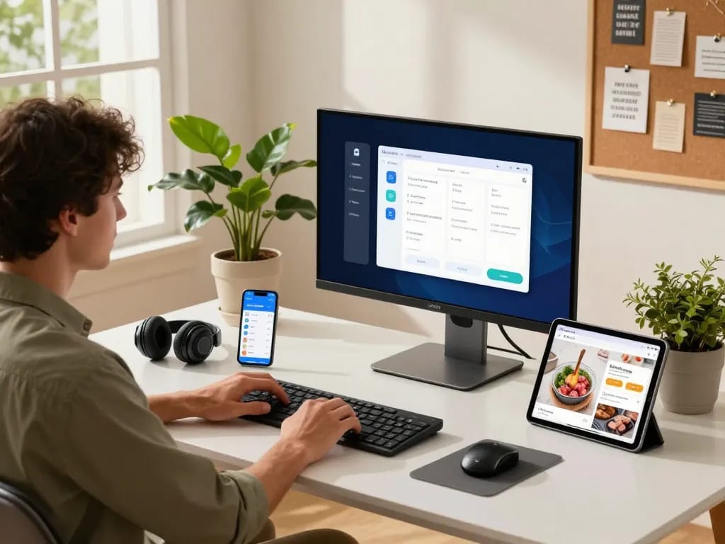 Innovative tech gadgets in a modern home office setup featuring smart devices, Bluetooth headphones, and a cooking app.