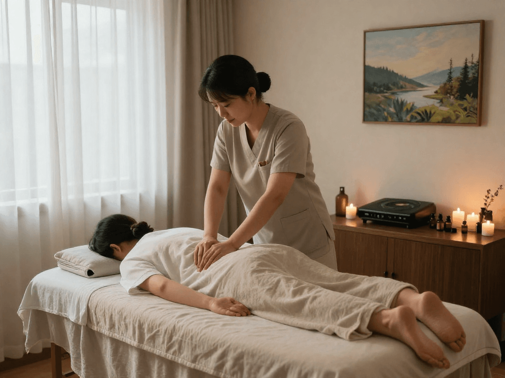Professional спа services showcasing 서울출장마사지 in a calming home environment.