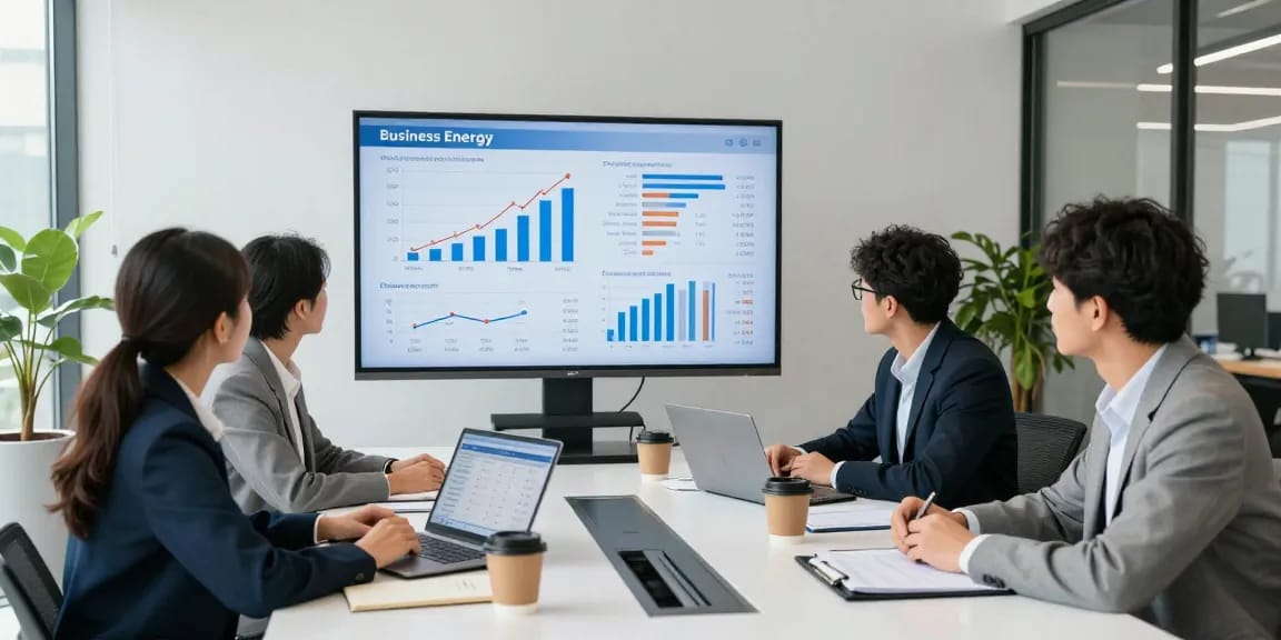 Business energy comparison team analyzing rates and trends in a modern office for business energy comparison uk 2026.