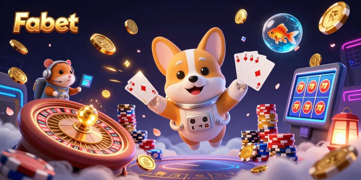 Fabet's thrilling space casino scene with a corgi and hamster guiding gamblers among floating cash.