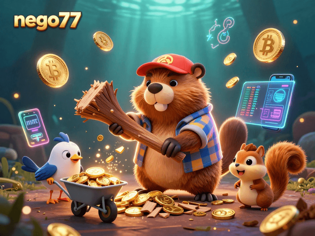 Collect invaluable rewards with nego77 as a beaver collects gold coins amidst a vibrant casino scene.