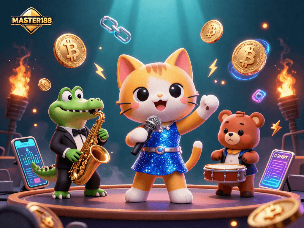 Experience the thrill of MASTER188 with vibrant 3D characters and neon crypto elements in a lively casino scene