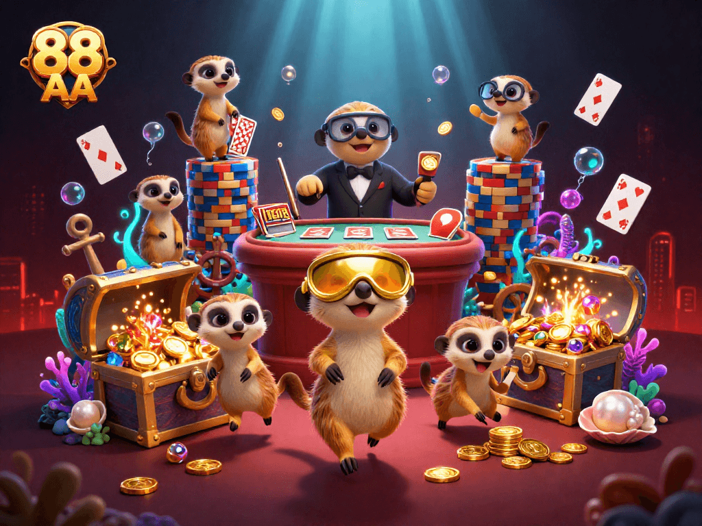 Experience the excitement of 88 AA in a vivid casino scene featuring playful meerkats and vibrant gaming elements.