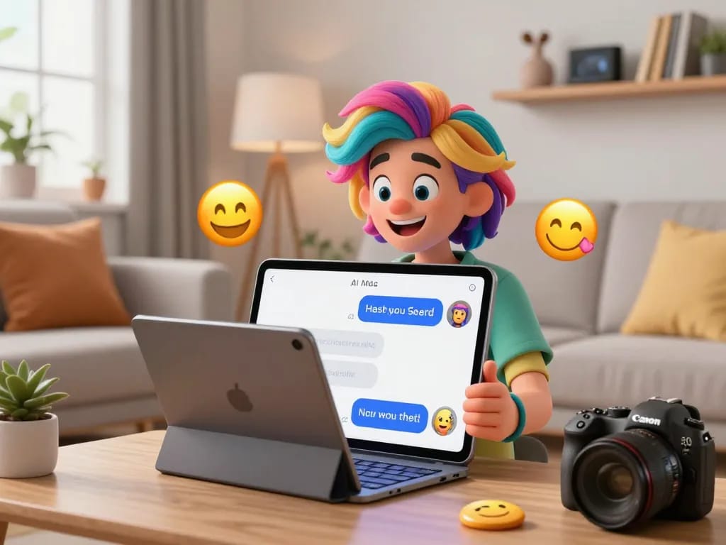 Engaging AI porn chat scene with playful character in a vibrant virtual living room
