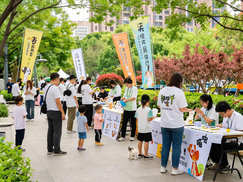 在城市公园的活动中，一家人和可爱的“快喵”小猫互动，传递温馨宠物领养的信息。