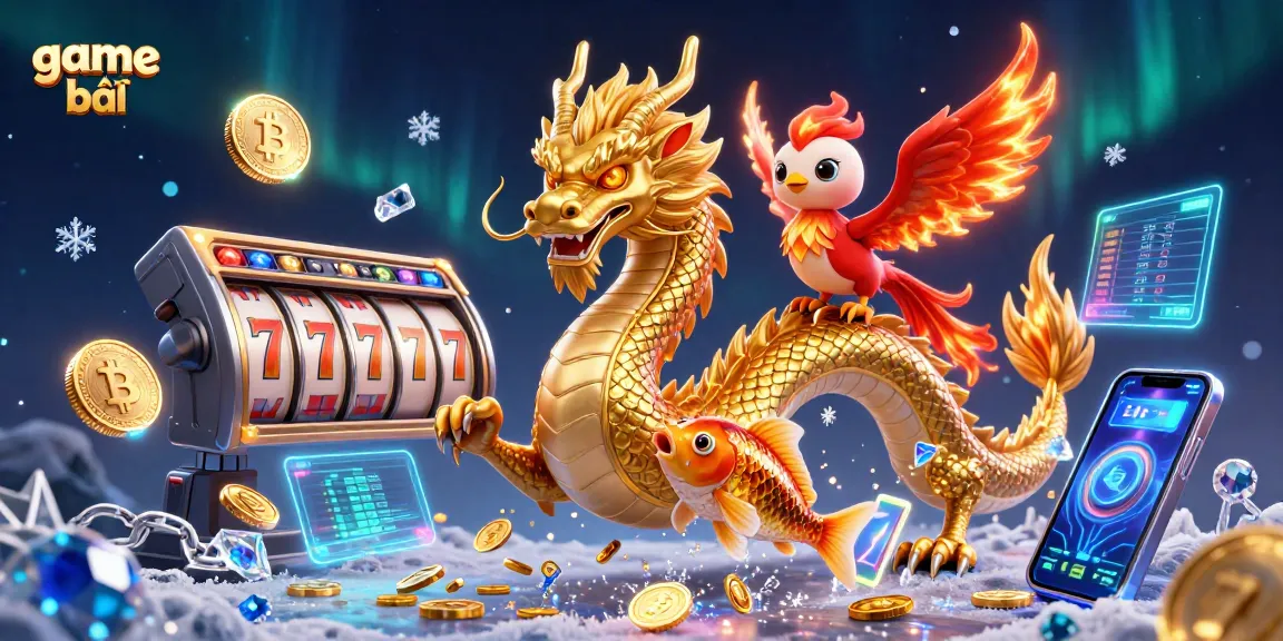 Experience game bài excitement with a dragon, phoenix, and treasures in a vibrant casino scene.