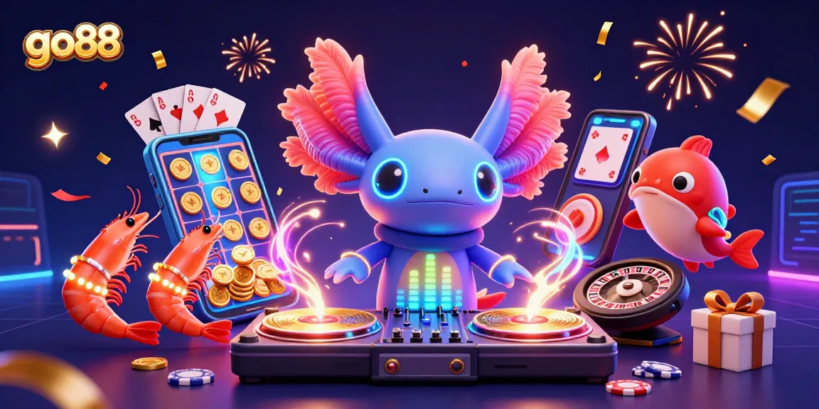 Experience the excitement of go88 with a vibrant, colorful 3D casino scene of lively characters and game elements