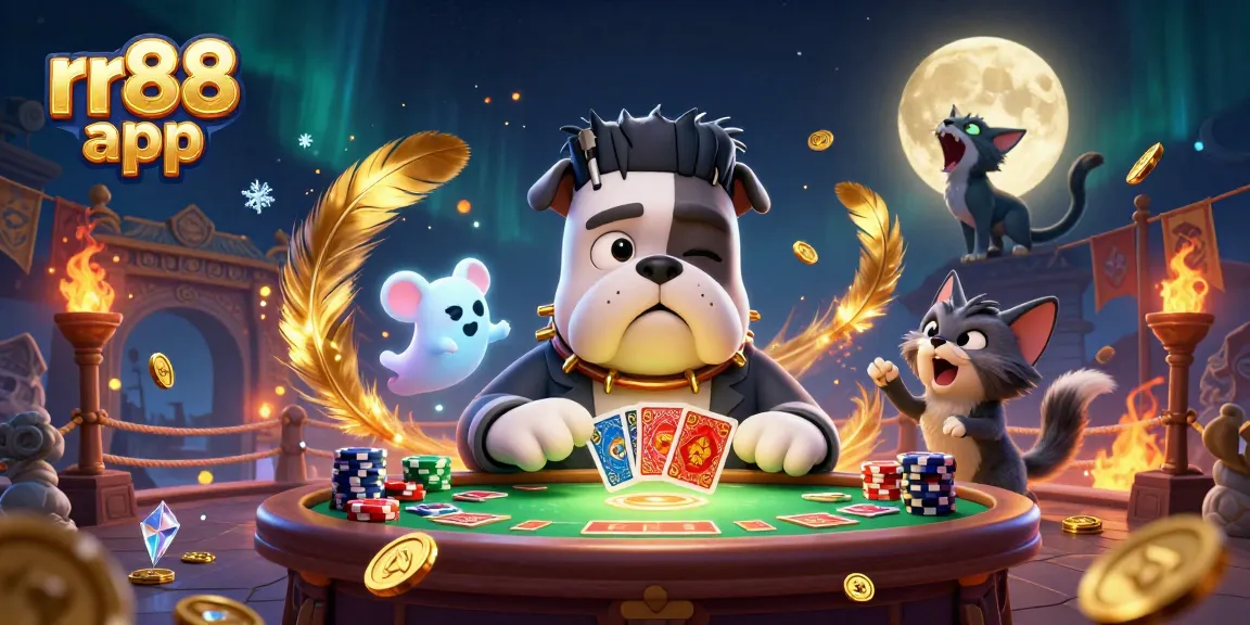 Experience exciting games with the rr88 app, as a cartoon Frankenstein bulldog deals cards at a casino table.
