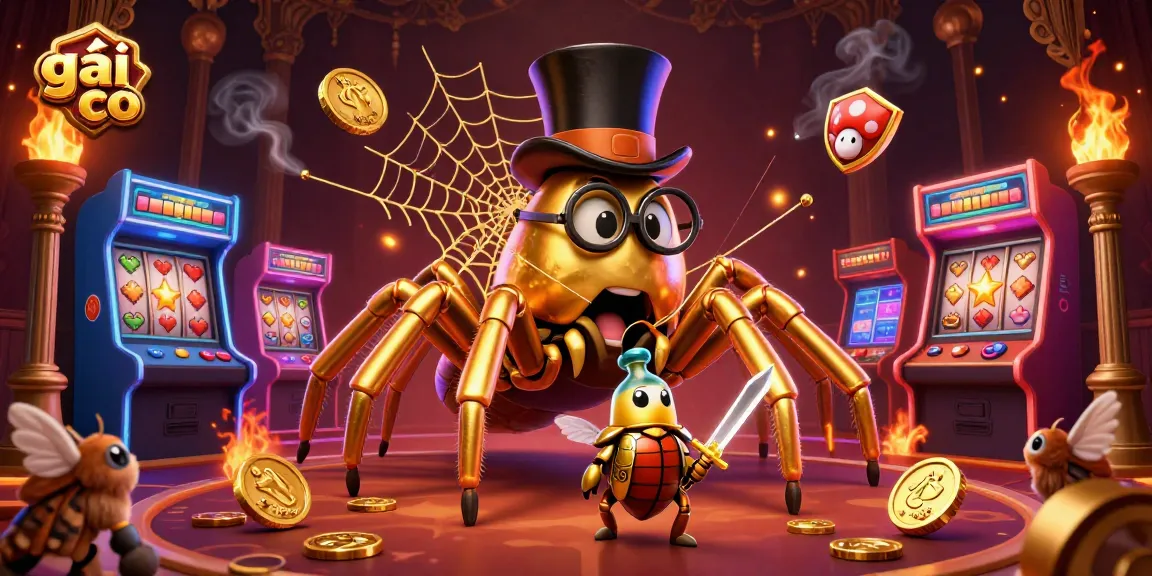 Engage with gái gọi featuring a golden tarantula weaving a web of casino joy amid vibrant game elements.