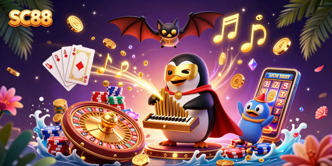 SC88 penguin playing organ with golden coins amidst gaming excitement.