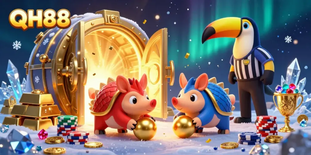 Watch QH88's animated pangolins compete while spilling golden treasures and poker chips, enhancing excitement.