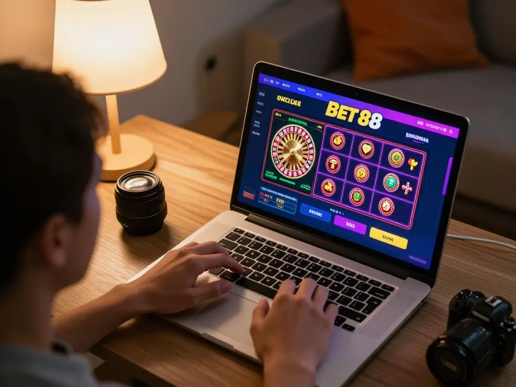 Engaging gameplay at Bet 88 online casino with a user analyzing strategies on a laptop.