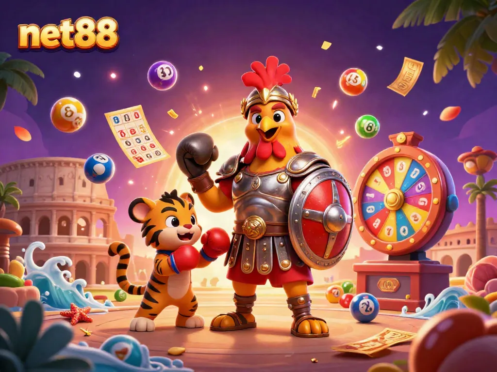 Experience the thrill of net88 with a vibrant scene featuring a gladiator rooster and dynamic game elements.