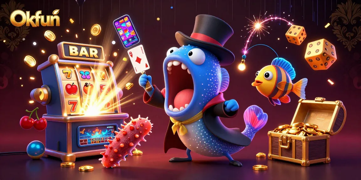 Experience Okfun's thrilling magic act with animated characters showcasing casino excitement and vivid visuals.