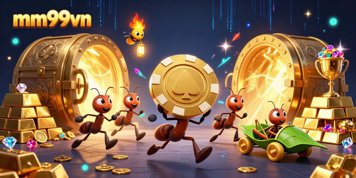 Experience thrilling wins on mm99vn with ants carrying a giant poker chip through a treasure-filled tunnel.