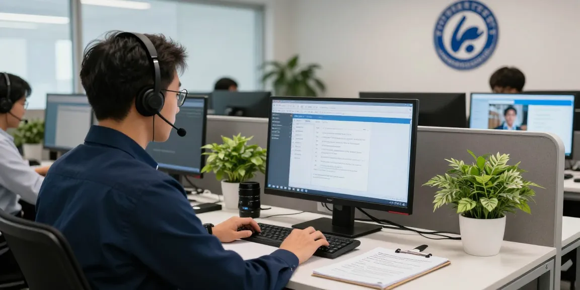 Atención al cliente en el centro de servicio de teléfono etb, representante trabajando.