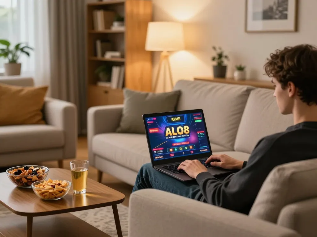 Player engaging with ALO8 online casino games in a cozy living room setting, emphasizing strategic gameplay.