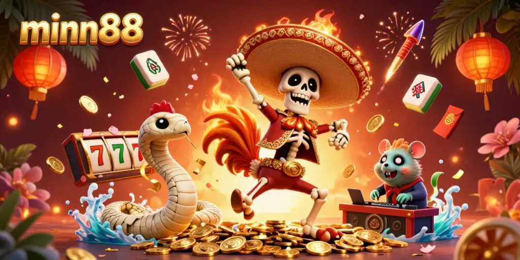 Join the excitement of minn88 with vibrant 3D casino characters celebrating wins amidst a festive atmosphere.