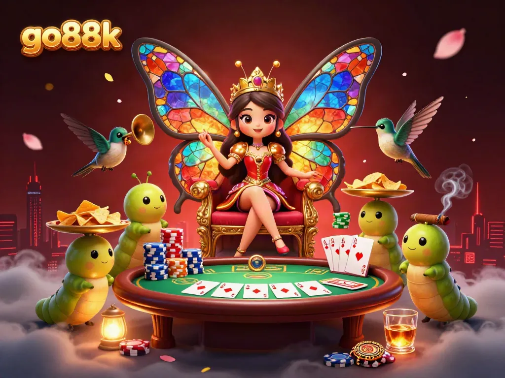 Join the excitement at go88k with a vibrant casino scene showcasing poker chips, cards, and a butterfly queen in a dazzling digital illustration.